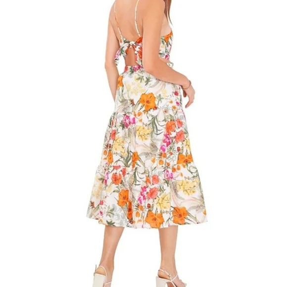 Chelsea & Violet Tropical Floral Print Tiered Midi Dress Linen Blend Tie Back - Picture 3 of 12